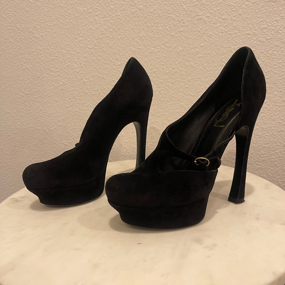 YSL Saint Laurent Black Suede Buckle Cut-Out Maryjane Platform Pumps - Picture 9 of 12